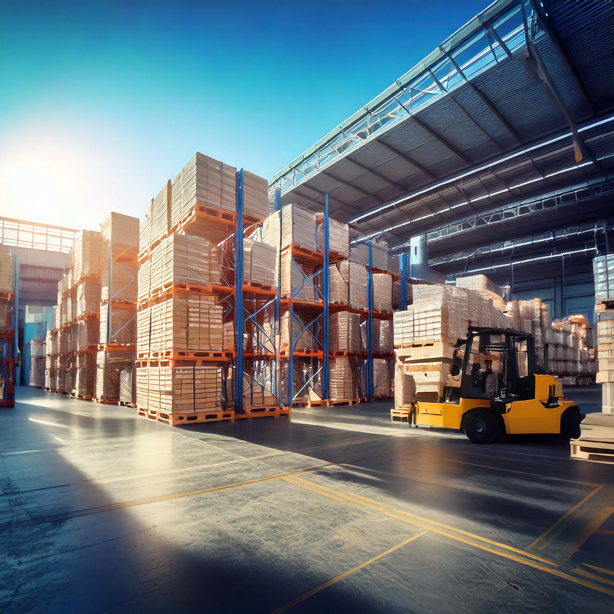 Logistics warehouse with pallets and forklifts