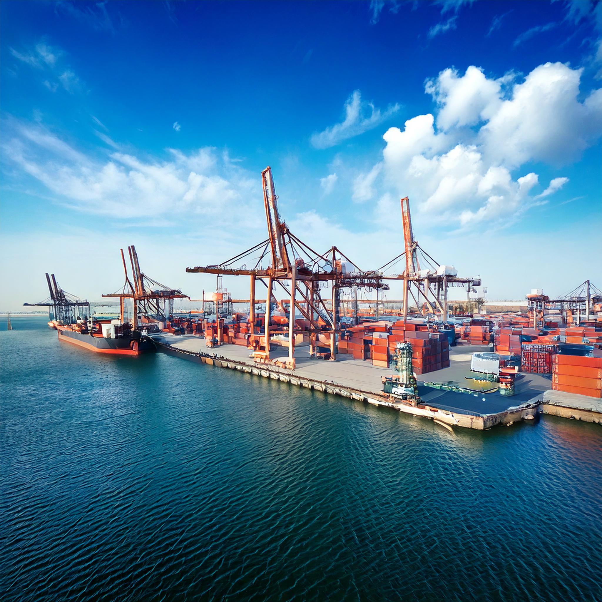 Modern sea port with cranes and shipping containers